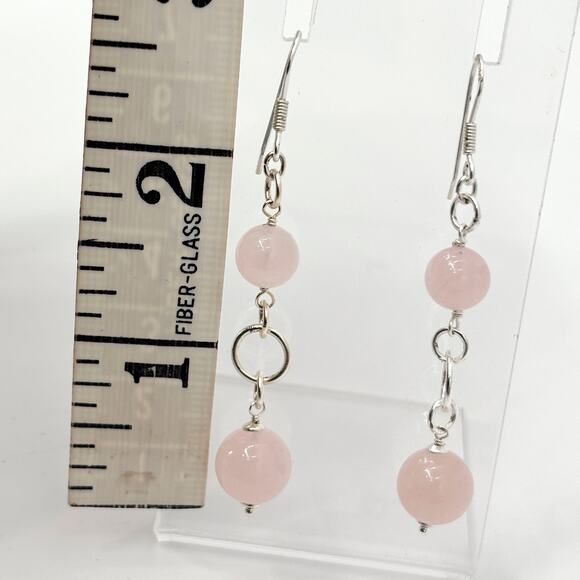 Sterling Silver Dangle Earrings Pink Beads 2.5" Long Drop Hook Lightweight - Picture 4 of 5